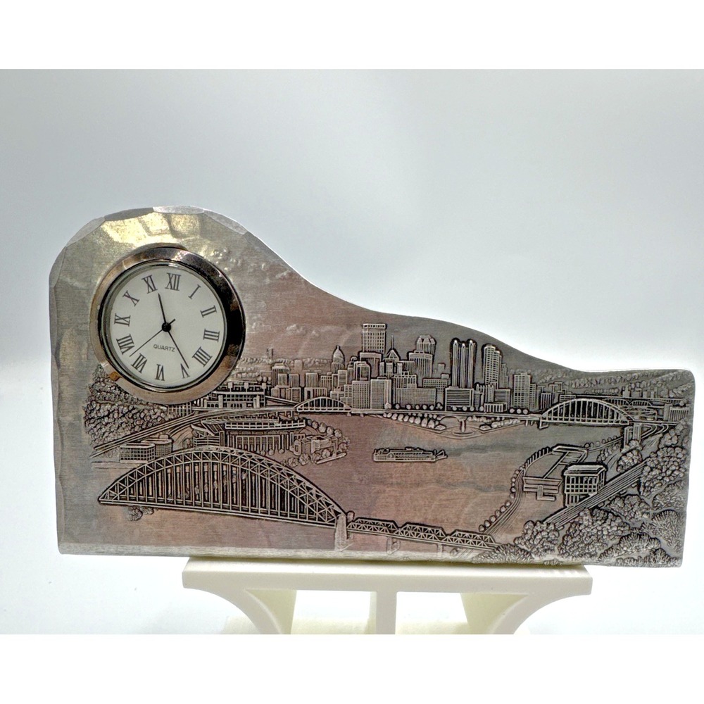 Pittsburgh Three Rivers‎ Skyline Pewter Desk Clock Allegheny Monongahela Ohio